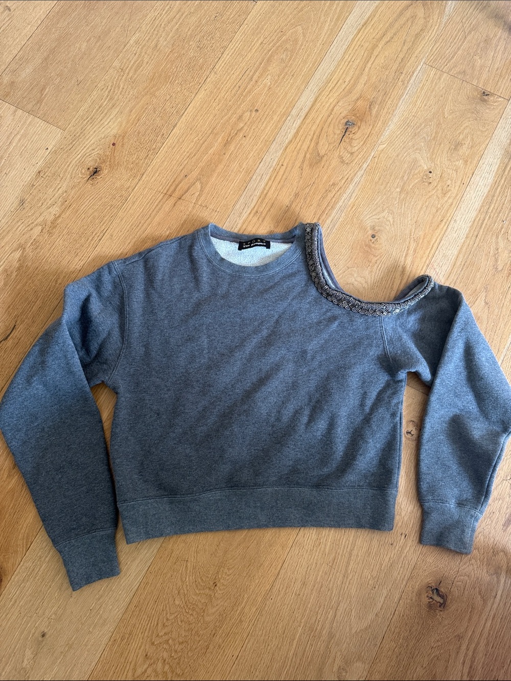 The Kooples Gray Off-Shoulder Braided Trim Sweatshirt